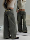 Tineit-Ribbon Stamp Wide Leg Jeans Antique Wash