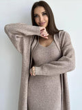 thanksgiving outfit Tineit Casual Knitted Sling Dresses Cardigan Set Women Loose Solid V-neck Knitwear Long Open Sweater Woman's Sets Autumn Chic Oufits