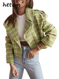 Tineit Vintage Plaid Short Coats Women Loose Lapel Single Breasted Long Sleeve Female Jackets 2024 Autumn Lady Fashion Commute Outwear