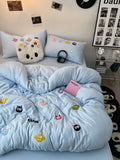 Tineit Korean Style Fresh Bedding Set Water Washed Cotton Cute Towel Embroidered Duvet Covers, Bed Sheets, Dormitory