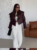 Tineit Chic Solid Color Lapel Cropped Leather Jacket Fashion Women's Pockets Long Sleeves Short Coat 2024 Lady Autumn High Streetwear