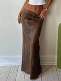 Tineit Vintage Brown Back Slit Low Waist Leather Maxi Skirt