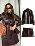 Tineit Leather Women Skirt Set Street Single Breasted Long Sleeve Female Jacket Hip Package Mini Skirts Suit 2025 Autumn Party Outfits