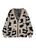 Tineit Leopard Printed  Vintage Cardigan Women Knitted V-neck Long Lantern Sleeves Sweater Female 2025 Autumn Loose Chic Lady Top