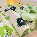 Tineit Cute Rabbit Carrot Bedding Set Soft Green Flat Sheet Quilt Cover Pillowcase Bed Linen Twin Queen Full Size Floral Duvet Cover