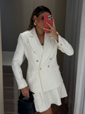 Tineit Elegant White Double-breasted Suit Jacket For Women Fashion Turndown Collar Full Sleeve Pockets Coat Female Commute Outwear 2025