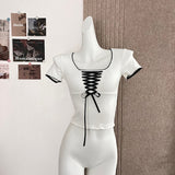 Tineit 2025 Summer Bandage Y2k Cropped Top Women Coquette Aesthetic Short Sleeve T-shirt Casual Cute Korean Fashion Tees Girls Chic