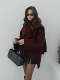 Tineit Burgundy Chic Contrast Edge Scarf Collar Woolen Jacket Elegant Women's Long Sleeve Loose Coat 2025 New Fall Lady Fashion Outwear