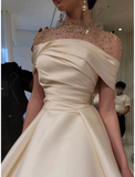 Tineit Elegant A-Line Evening Gown Elegant Dress Formal Floor Length Short Sleeve Illusion Neck Satin with Ruched Beading Prom Dress (PRE-ORDER)