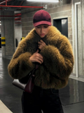 Tineit Fashion Lapel Collar Fluffy Faux Fur Cropped Coat Casual Solid Women's Zipper Long Sleeved Jackets Winter Female Chic Streetwear