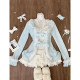 Tineit Sweet Lolita Three Piece Sets Lace Bow Plush Cardigan + Sexy Slim Fit Strapless Vest Tops + High Waist Ruched Skirts Winter Chic