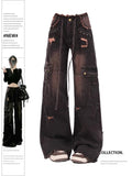 christmas outfit Tineit Women's 90s Vintage Black Gothic Cargo Jeans Y2k High Waist Wide Leg Denim Trousers Harajuku Baggy Jean Pants Emo 2000s Clothes