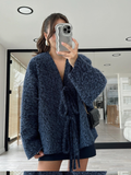 Tineit 2025 New Solid Women's Lace Up Mohair Cardigan Coat Elegant V Neck Long Sleeve Loose Casual Jacket Spring Lady Fashion Outerwear