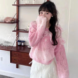 thanksgiving outfit Tineit Sweet Flowers Sweater Women Pink Beaded Hollow Out Loose O-Neck Knitted Jumpers Fashion Spring Fall Long-Sleeved Lazy Pretty Top