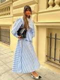 Tineit Elegant Stripe Print Skirt Set Women Fashion Belt Lantern Sleeve Shirt Pleated Long Skirts 2024 Spring Summer Casual Lady Outfit