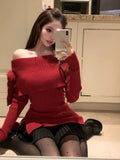 Tineit Korean Fashion Knitted Sweater Clothing Off Shoulder Casual Slim Bodycon Pullovers Office Lady Elegant Long Sleeve Tops 2025