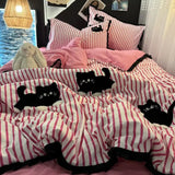 Tineit Korean Style Bedding Set Green Strip Black Cat Embroidery Washed Cotton  Duvet Cover Cute Cardboard  Bed linen Comforter Sets