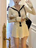 Tineit Korea Fashion Knitted Suit Office Lady 2025 Autumn Button Casual Sweater Tops Slim Y2k Mini Skirt Party Elegant 2 Piece Set Chic