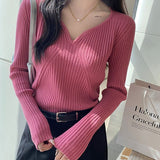 thanksgiving outfit Tineit Korean Elegant Sweater Women Knitted Apricot Autumn Winter Slim Basic Pullover Long Sleeve V-Neck Solid Female Chic Jumpers