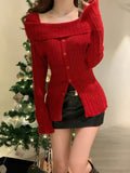 Tineit 2025 Winter Red Casual Knitted Sweater Woman Slim Korean Style Elegant Tops Office Lady Long Sleeve Fashion Pullover Design