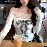 Tineit American Spicy Girl Pure Desire Style Lace One Shoulder Tees Sweet Long Sleeved Design Slimming Waist Cinching Y2k Top