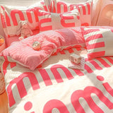 Tineit Princess Style Bedding Set Girls Twin Queen Full Size Duvet Cover Set Bed Flat Sheet Pillowcase Kids Adult Pink Letter Bed Linen