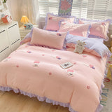 Tineit Kawaii Princess Bedding Set with White Ruffles Korean Style Girls Single Full Duvet Cover No Filling Flat Sheet Pillowcases Kit