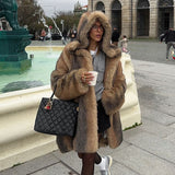 Tineit Gradient Faux Fur Hooded Coats Women Furry Oversized Loose Thicken Long Sleeve Jacket Female 2025 Winter Warm Chic Outwear Tops