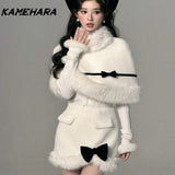 Tineit Autumn French High-end Fashion 3-piece Set Fur Collar Shawl Style Bow Top Harajuku Style Half Skirt High-end Y2k Sets