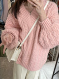 Tineit 2024 Fall Fashion V Neck Pullover Cable Knit Sweater