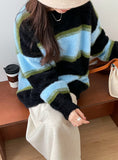 Tineit 2024 Fall Fashion Contrast Striped Pullover Fuzzy Knit Sweater