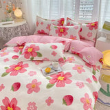 Tineit Korean Pink Rose Duvet Cover Set Soft Green Flat Sheet Quilt Cover Pillowcase Bed Linen Twin Queen Full Size Floral Bedding Set