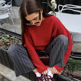 Tineit Knit Striped Women Sweaters Pullover O-neck Oversized Fashion 2025 Autumn Chic Female Solid Vintage Jumpers Tops Basic Outwear