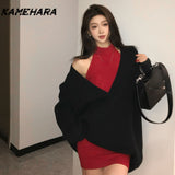 Tineit Korean Retro V-neck Knitted Hoodie for Women Autumn Hanging Neck Strap Dress Waist Up Short Skirt Sets Female Clothing