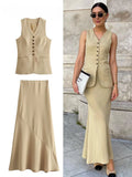 Tineit Women Vest Skirt Sets Female Khaki Long Blazer Vest V Neck Sleeveless Slim Top+Elegant High Waist A Line Skirt Suit