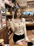 Tineit Sweet Lace Patchwork Fake Two Piece Tops E-girl Bow Knitted Sweater Women Early Autumn Long Sleeve Slim Y2k Blouse Design