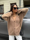 thanksgiving outfit Tineit Casual Solid Imitation Mink Cardigan Women Loose Knitted Plush V-neck Single-Button Sweaters Female Autumn Chic Street Tops