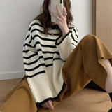 thanksgiving outfit Tineit Korean Striped Sweater Women Loose Side Split Chic O-Neck Knit Pullover Pretty Style Casual Fall Winter Lazy Vintage Jumpers