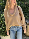 Tineit Knitted Solid Women Pullover V Neck Full Sleeve Loose Female Sweater 2025 Elegant Autumn Warm Winter Patchwork Lady Knitwear