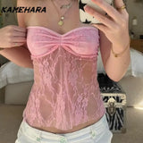 Tineit Solid Backless Bandage Corset Top Sweet Lace Stitched Strapless Tube Tops Women Sexy Club Party Tee Y2k Camis 민소ë§?í‹?여성