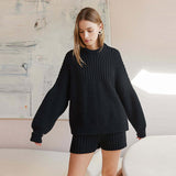 Tineit Casual Knitted Sweater Shorts Sets Women Loose Solid Striped Pullovers Elastic Short Pants 2024 Spring Autumn Lady Chic Outfits