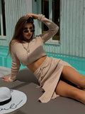 Tineit Knitted Elegant Sweater Skirts Set Women Long Sleeve Slim Short Pullover Top Split Bodycon Skirt Suits 2 Pieces Chic Solid