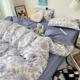 Tineit Floral Blue Duvet Cover Set Flat Sheet Pillowcase No Filler Fashion New Single Full Size Girls Boys Dormitory Home Bedding Kit