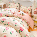 Tineit Floral Bedding Set Kawaii Rabbit Duvet Cover Flat Sheet Pillowcase Soft Bed Linens Single Full Dormitory Bedroom Home Textile