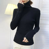 thanksgiving outfit Tineit Zoki Autumn Fashion Women Turtleneck Sweater Korean Long Sleeve Simple Basic Slim Elastic Jumper Solid Screw Thread Elegant Tops