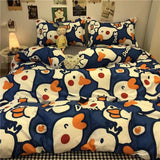 Tineit Cute Bear Bedding Set Cartoon Floral And Animal Duvet Cover Blue Flat Sheet Soft Polyester Kawaii Queen Full Size Bed Linen