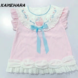 Tineit Summer Y2k Japanese Sweet Cute Soft Girl Lace T-shirt Bow Flying Sleeves Cat Ear Tank Top العاب جنسية  민소ë§?í‹?여성 Y2k Top