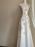 Tineit Vintage A Line Spaghetti Straps Long White Prom Dresses Evening Dress With Appliques (PRE-ORDER)