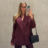 Tineit Elegant Striped Blazer Coats Women Double Breasted Notched Loose Pocket Office Suit Jacket Female 2025 Spring Street Top Outwear