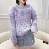 thanksgiving outfit Tineit Sweet Flowers Sweater Women Pink Beaded Hollow Out Loose O-Neck Knitted Jumpers Fashion Spring Fall Long-Sleeved Lazy Pretty Top